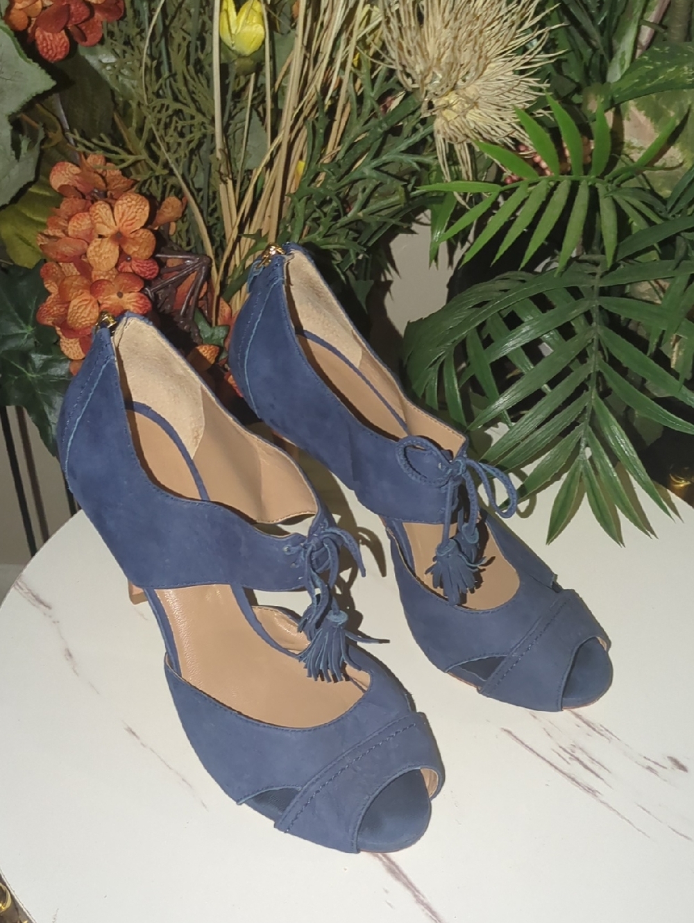 💙SALE💙Talbots Navy Suede Peep-Toe Tassel Heels - Picture 3 of 6